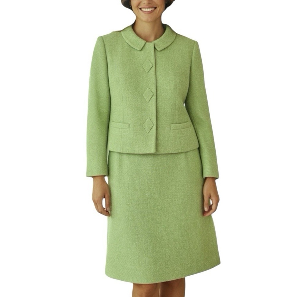 Tailorbrooke Womens M/L Skirt Suit Set VTG 1960s Pristine 100% Virgin Wool Green